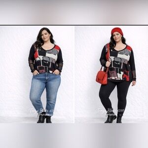 ONE O ONE Private Paris Designer Top | Size 1X | Artsy Handbag Print